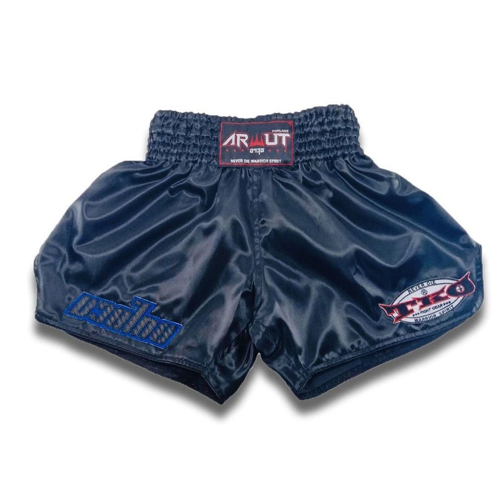 Arwut Classic Black Muay Thai Shorts Retro (Bk/Bu Muay Thai Wording) Front