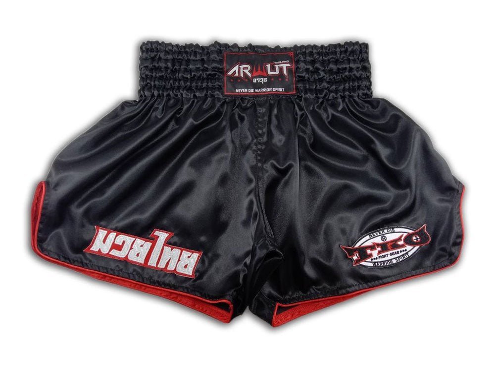 Arwut Classic Black Muay Thai Shorts Retro (Red Trims) Front