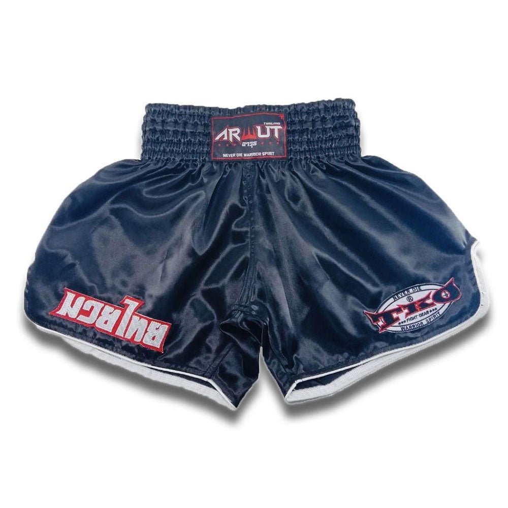 Arwut Classic Black Muay Thai Shorts Retro (White Trims) Front