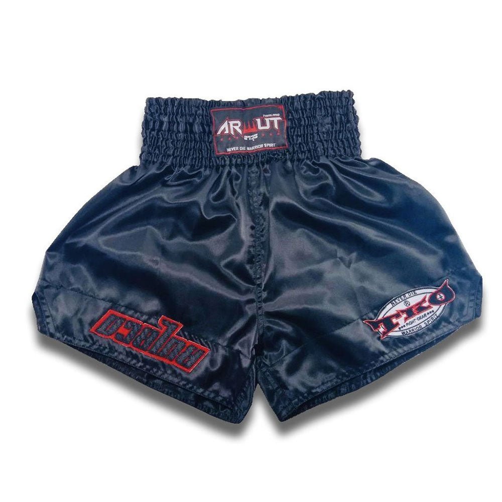 Arwut Classic Black Muay Thai Shorts Traditional (Bk/Rd Muay Thai Wording) Front