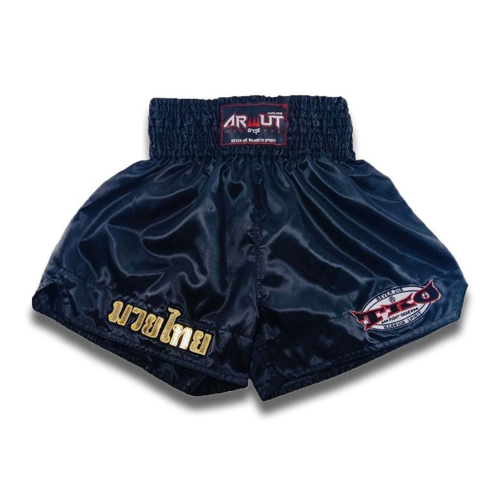 Arwut Classic Black Muay Thai Shorts Traditional (Gold Muay Thai Wording) Front