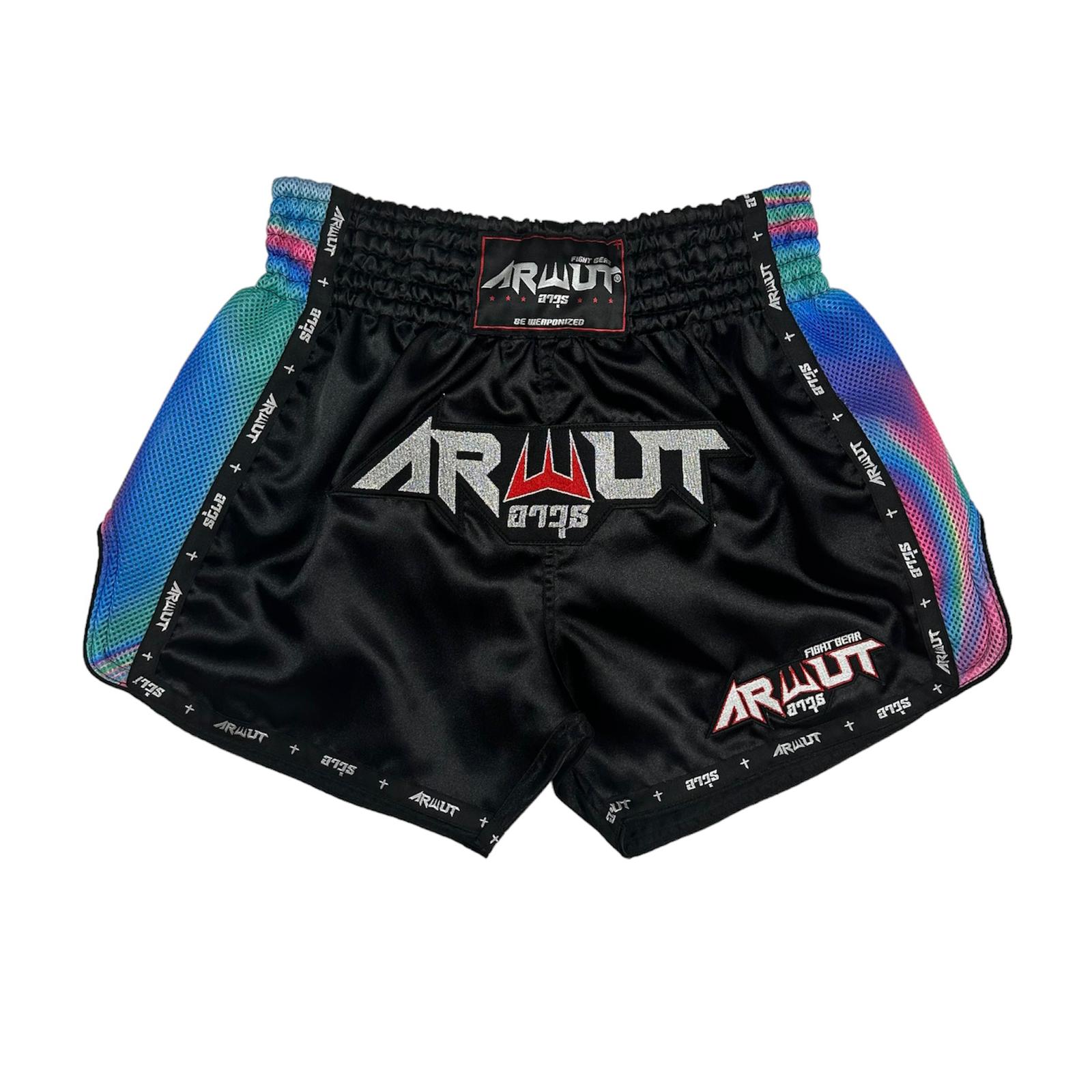 Arwut Muay Thai Shorts "Illusion" Retro Style Blue Black Front