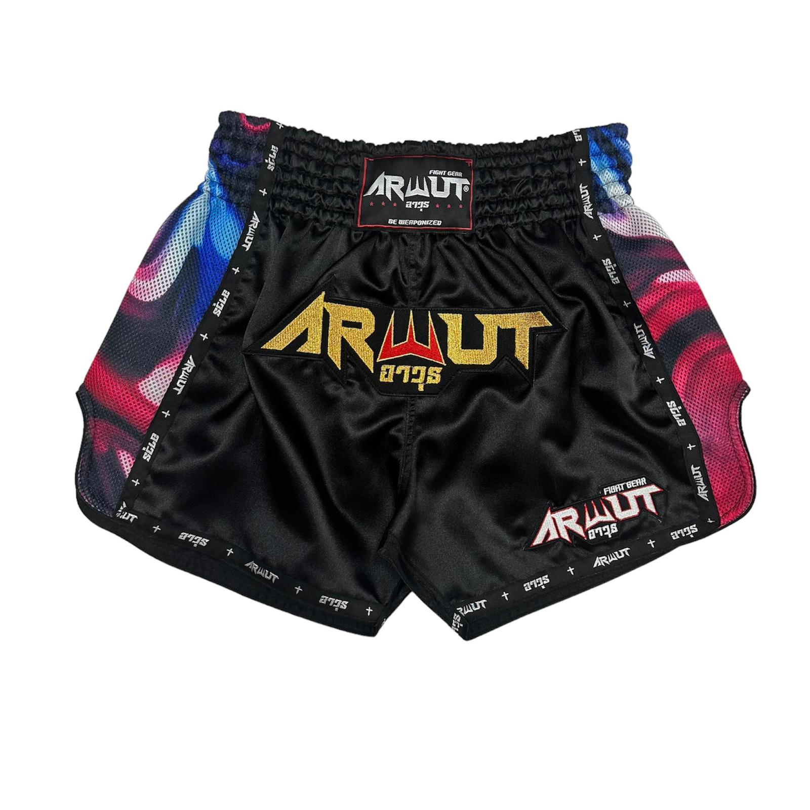 Arwut Muay Thai Shorts "Illusion" Retro Style Black Red Front